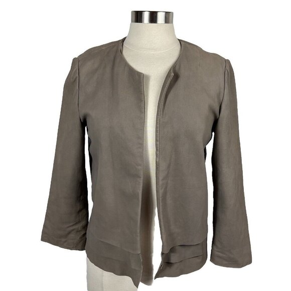 Joie Leather Jacket M Womens Beige Taupe Open Front Layered Hem Collarless - Picture 1 of 11